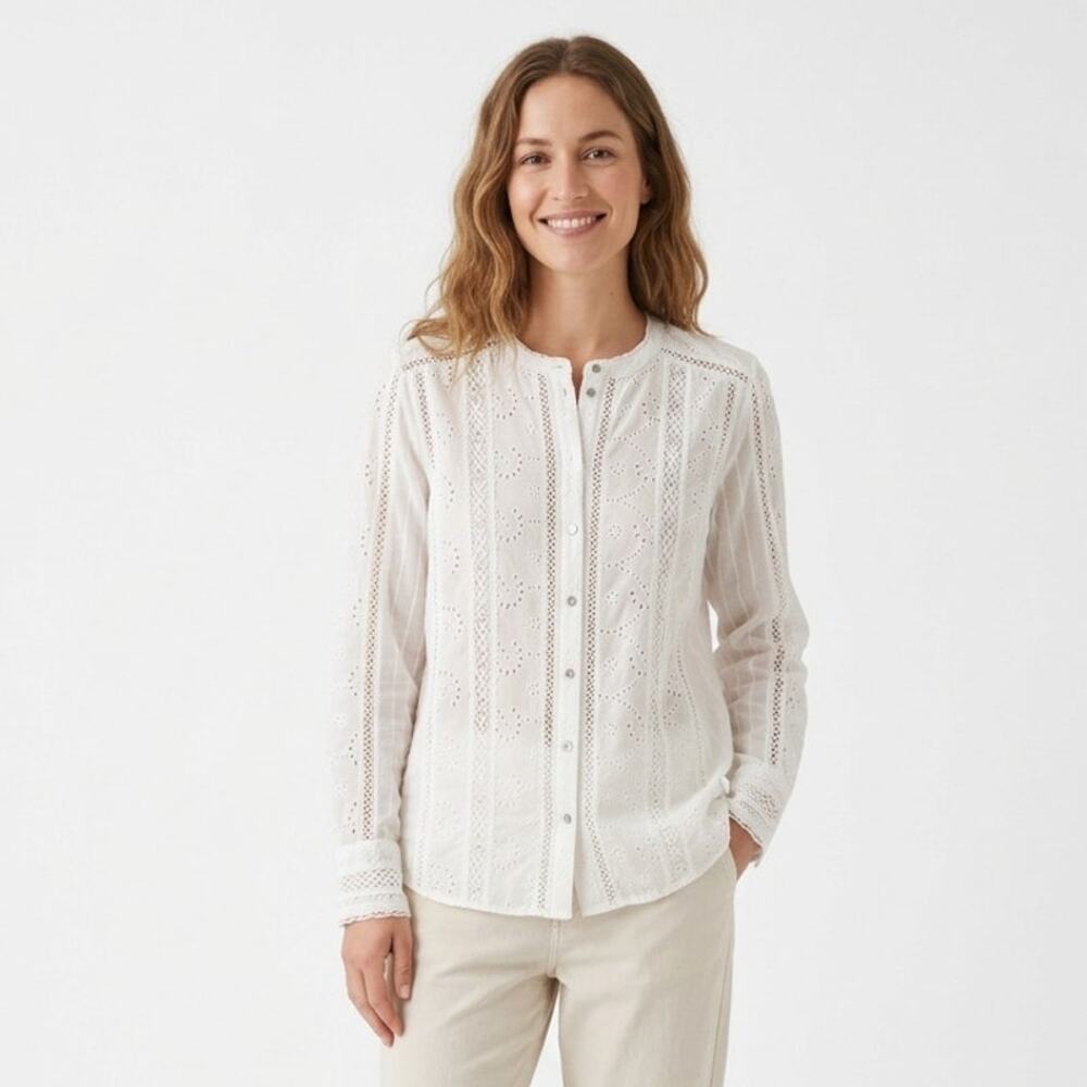 Sundance Button Up Shirt Top Womens 2XL White Embroidered Eyelet Lace Collarless